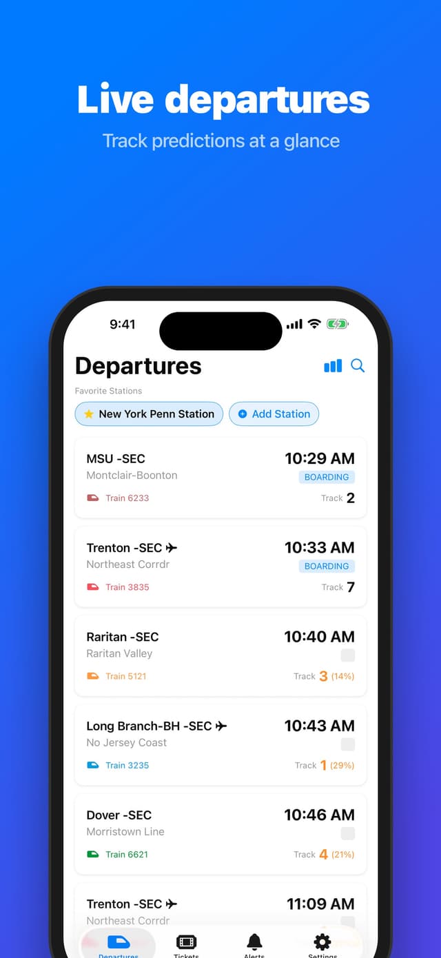 ViaNJ live departures with boarding status and track predictions