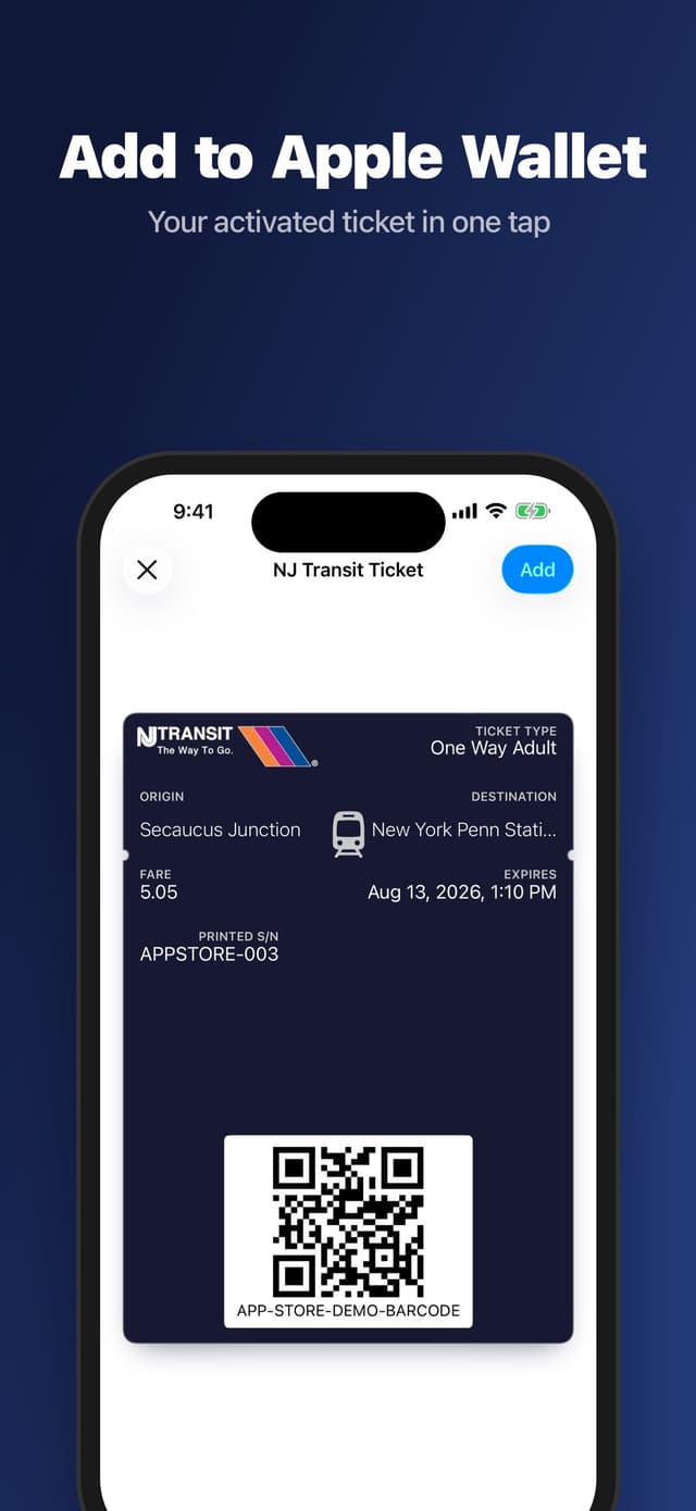 An activated NJ Transit ticket ready to add to Apple Wallet