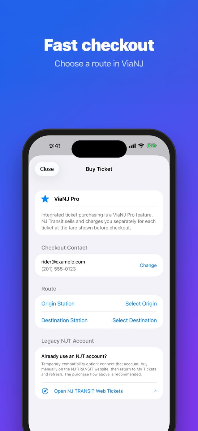 ViaNJ integrated ticket checkout route selection
